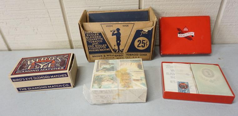 LOT OF VINTAGE ITEMS: LOT OF VINTAGE WOOD MATCHES, BUGLER CIGARETTE ROLLER, & PLAYING CARDS