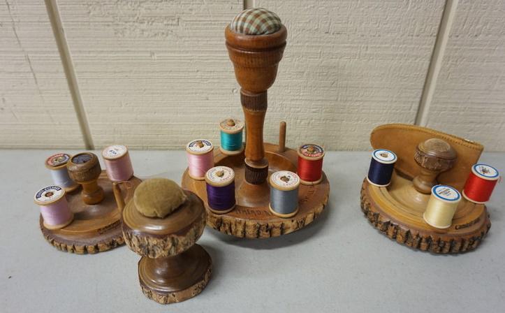 LOT OF WOOD TREE SOUVENIR ITEMS: LOT OF WOOD TREE SOUVENIR-CATSKILLS, SEWING & PIN CUSHIONS