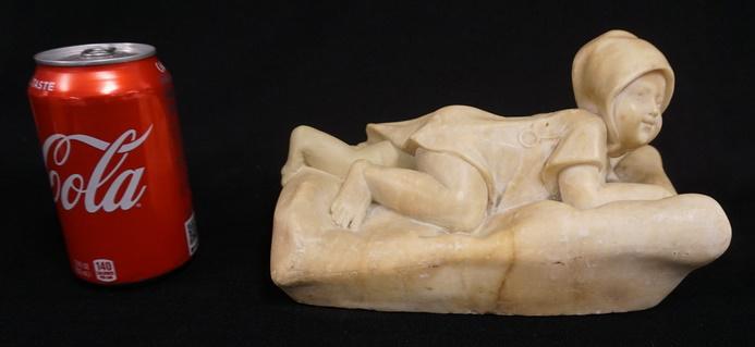 ALABASTER CARVING OF A CHILD: ALABASTER CARVING OF A CHILD, 9 IN X 5 1/2 IN X 5 1/2 IN HIGH