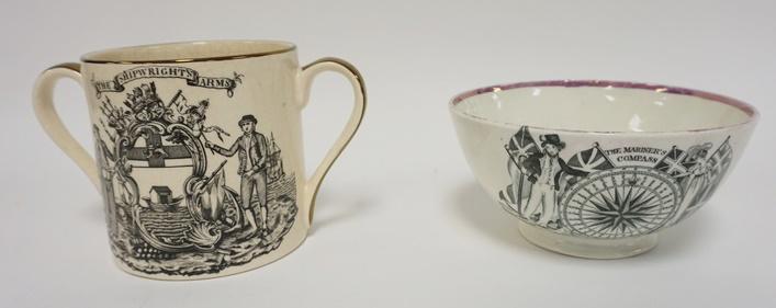 2 NAUTICAL THEME PIECES: 2 NAUTICAL THEME PIECES, BOWL W/VERSE, MARINERS COMPASS & A SHIP *SUCCESS TO THE COAL TRADE* & 2 HANDLED VESSEL *THE SHIPWRIGHTS ARMS*, ALSO W/VERSE, TALLEST IS 5 1/4 IN