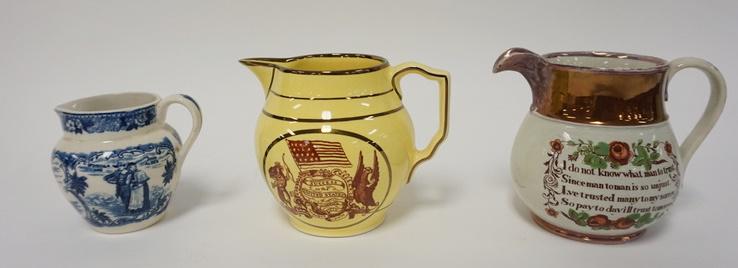 3 CREAMERS INCLUDING SUCCESS TO THE UNITED STATES: 3 CREAMERS-SUCCESS TO THE UNITED STATES-GRAYS POTTERY EXCLUSIVE TO MOTTAHEDEH, ONE W/VERSES & PLYMOUTH ROCK, TALLEST IS 4 3/4 IN