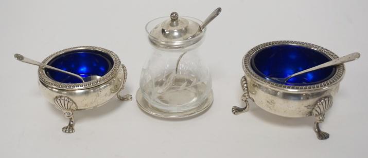 2 SALT DIPS & A MUSTARD POT W/STERLING SILVER (1 of 2)