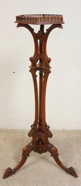 CARVED MAHOGANY HEXAGONAL TALL PEDESTAL-HICKORY CHAIR: CARVED MAHOGANY HEXAGONAL TALL PEDESTAL-HICKORY CHAIR CO *MT VERNON* WITH FRETWORK GALLERY & SCROLL FEET, 47 3/4 IN HIGH, 11 1/2 IN X 10 IN TOP