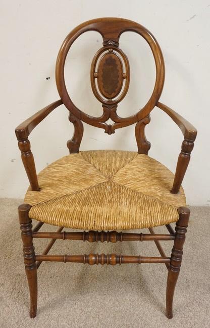 CARVED WALNUT MEDALLION BACK RUSH SEAT CHAIR (1 of 3)