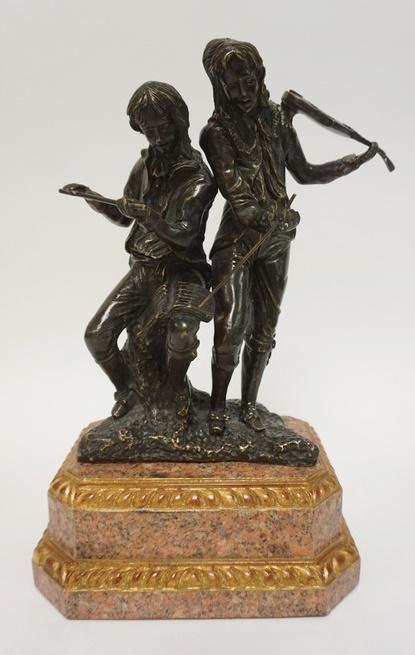BRONZE OF 2 MUSICIANS ON A PINK MARBLE BASE (1 of 3)