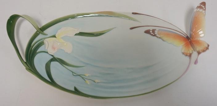 FRANZ PORCELAIN PLATTER: FRANZ PORCELAIN PLATTER WITH BUTTERFLY & FLOWER, 17 1/2 IN WIDE