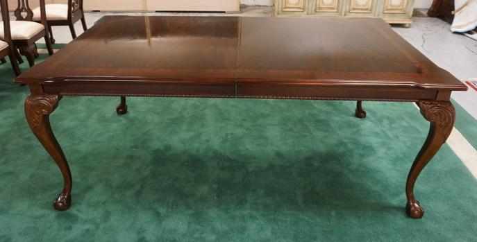 THOMASVILLE BALL & CLAW FOOT INLAID TABLE: THOMASVILLE BALL & CLAW FOOT W/BANDED INLAID TOP TABLE W/2 LEAVES, 76 IN LONG X 45 IN DEEP X 30 IN HIGH, LEAVES ARE 20 IN WIDE