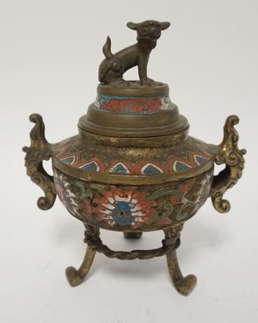 CHAMPLEVE BRASS SENSOR: CHAMPLEVE BRASS SENSOR W/FIGURAL FINIAL & HANDLES, 7 1/4 IN HIGH