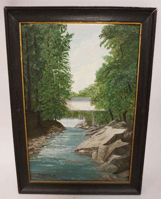 M RENCK OIL ON BOARD OF A COVERED BRIDGE (1 of 3)