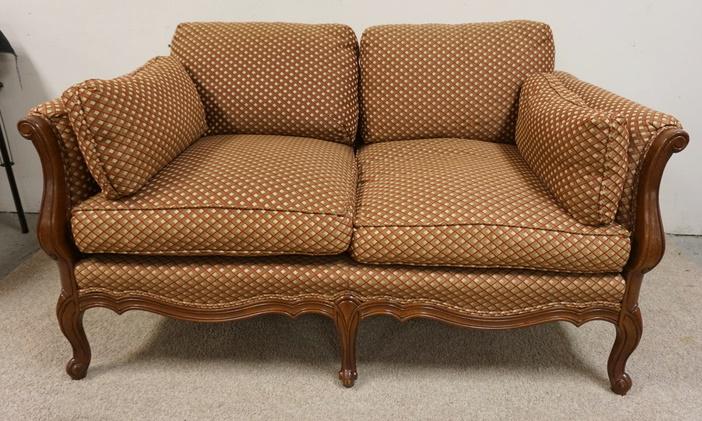 GILLIAM LOVESEAT W/CARVED ACCENTS: GILLIAM LOVESEAT W/CARVED ACCENTS, APPROXIMATELY 59 IN WIDE