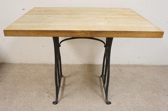 BUTCHER BLOCK TABLE ON IRON BASE W/WHEELS (1 of 2)