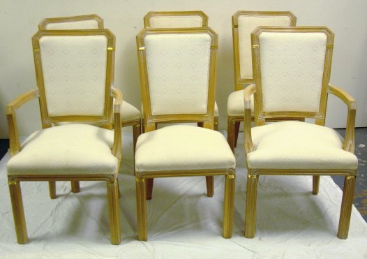 SET OF 6 UPHOLSTERED DINING CHAIRS W/BRASS TRIM; 2