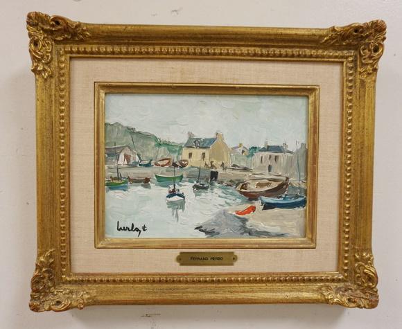 FERNAND HERBO OIL ON BOARD HARBOR SCENE: FERNAND HERBO OIL ON BOARD HARBOR SCENE, SIGNED LOWER RIGHT, IMAGE 8 1/2 IN X 6 IN, OVERALL DIMENSIONS 14 IN X 11 1/2 IN