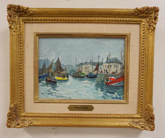 FERNAND HERBO OIL ON BOARD HARBOR SCENE: FERNAND HERBO OIL ON BOARD HARBOR SCENE, SIGNED LOWER RIGHT, IMAGE 8 1/2 IN X 6 IN, OVERALL DIMENSIONS 14 IN X 11 1/2 IN