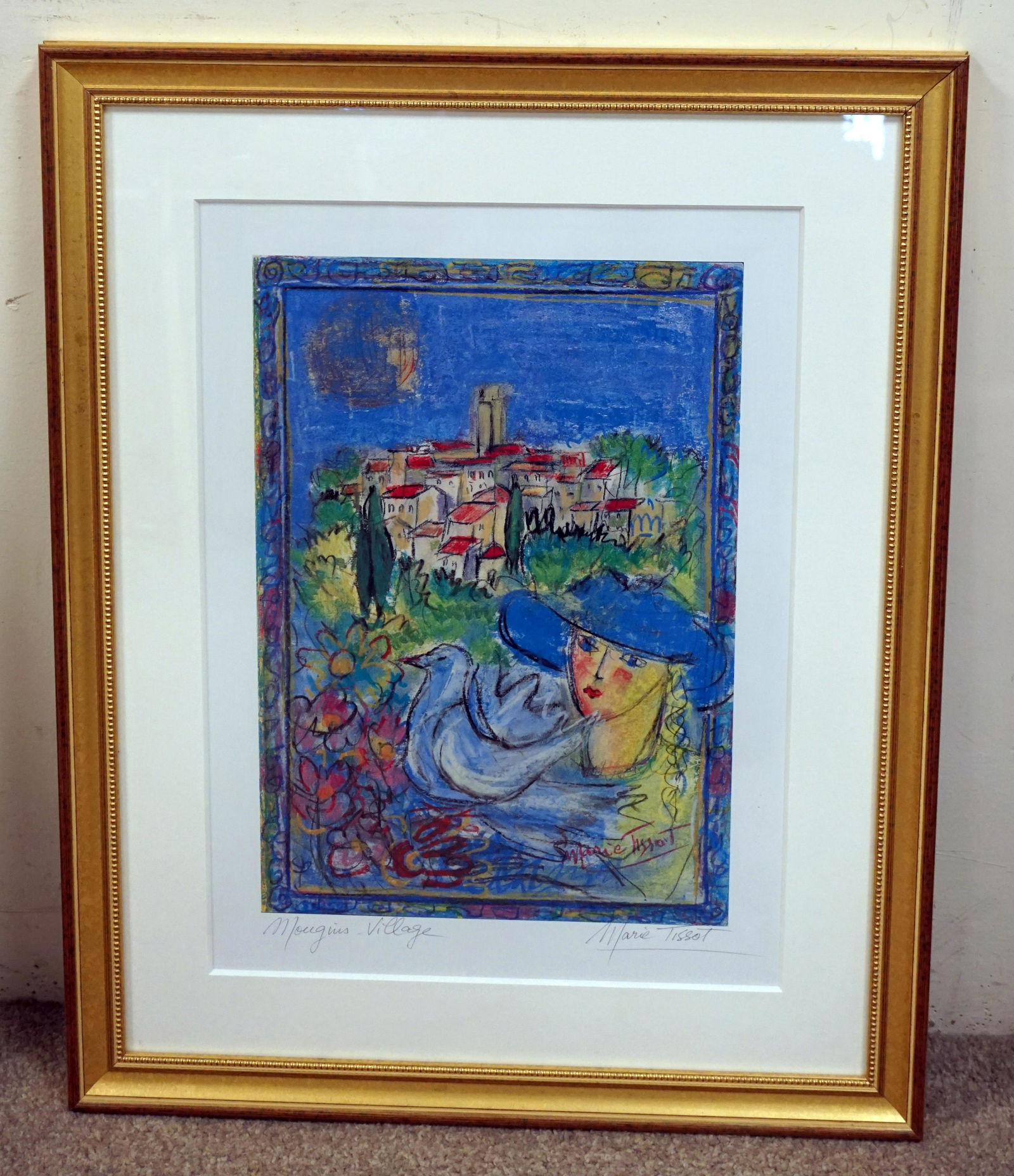 OFFSET LITHOGRAPH SINGED MARIE TISSOT: OFFSET LITHOGRAPH SIGNED MARIE TISSOT. TITLED MOVING VILLAGE, IMAGE SIZ 15 IN X 20 1/2 IN, OVERALL DIMENSIONS 22 1/1 IN X 28 IN.