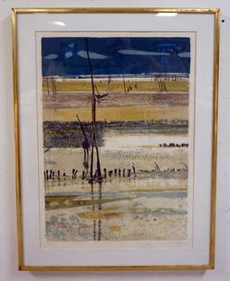 RENE GENIS LITHOGRAPH SIGNED: RENE GENIS LITHOGRAPH SIGNED AND NUMBERED.TITLED *LA PLAGE ARCHACHON MAREE BASSE*. GALLERY TAG ON REVERSE, DAVID FINDLAY. IMAGE SIZE 20 1/2 IN X 29 IN., OVERALL DIMENSIONS 26 3/4 IN X 35 IN.