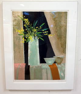 RENE GENIS LITHOGRAPH SIGNED: RENE GENIS LITHOGRAPH SIGNED AND NUMBERED.TITLED *MIMOSA ET DUEX BOLS*. GALLERY TAG ON REVERSE, DAVID FINDLAY NEW YORK CITY. IMAGE SIZE 20 1/2 IN X 28 IN., OVERALL DIMENSIONS 27 IN X 34 1/2 IN.