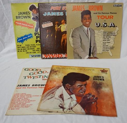 JAMES BROWN, LOT OF 5 ALBUMS: LOT OF FIVE JAMES BROWN ALBUMS; PLEASE PLEASE PLEASE, PURE DYNOMITE, JAMES BORWN & HIS FAMOUS FLAMES TOUR THE USA, GOOD GOOD TWISTIN' & PRISONER OF LOVE, ALL ARE KING BLACK LABEL