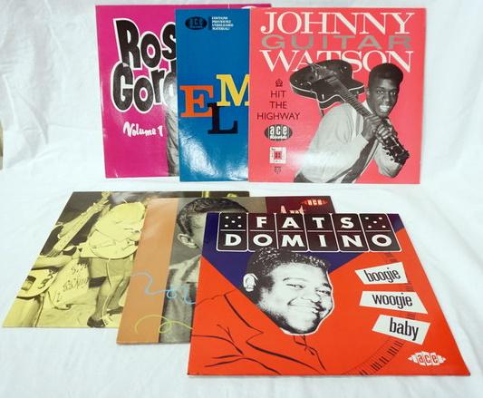LOT OF 6 REISSUES ON ACE RECORD LABEL: LOT OF SIX REISSUES ON ACE (LONDON) RECORD LABEL; ROSCO GORDON VOLUME 1, JOHNNY GUITAR WATSON HIT THE HIGHWAY, ELMER JAMES KING OF THE SLIDE GUITAR, FATS DOMINO BOOGIE WOOGIE BABY, ART NEVILLE MARDI G