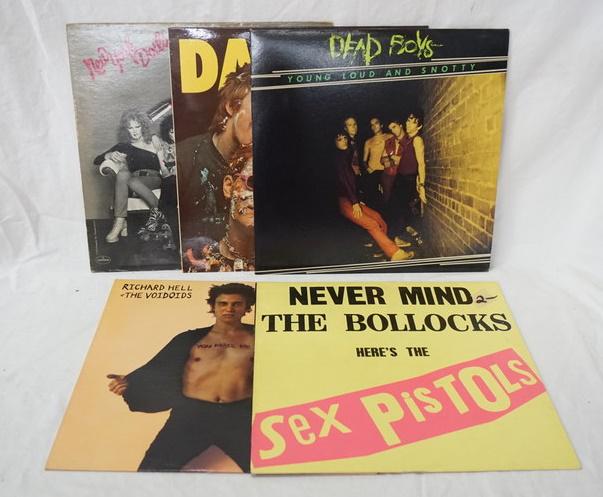 LOT OF 5 PUNK ALBUMS: LOT OF FIVE PUNK ALBUMS; THE NEW YORK DOLLS SELF TITLED, THE DAMNED- DAMNED DAMNED DAMNED,DEAD BOYS YOUNG LOUD AND SNOTTY, NEVER MIND THE BOLLOCKS HERES THE SEX PISTOLS & RICHARD HELL & THE VOIDOIDS B