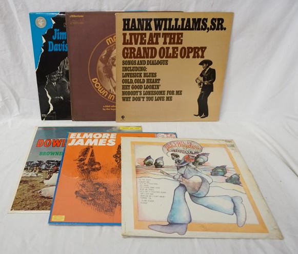 LOT OF 6 BLUES ALBUMS: LOT OF SIX BLUES ALBUMS; HANK WILLIAMS, SR. LIVE AT THE GRAND OLE OPRY, ALBERT COLLINS LOVE CAN BE FOUND ANYWHERE EVEN IN A GUITAR, MA RAINEY DOWN IN THE BASEMENT, JIMMY DAVIS MAXWELL STREET, ELMORE J