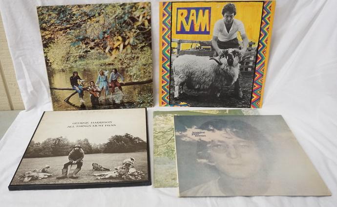 GEORGE HARRISON, PAUL MCCARTNEY, JOHN LENNON, LOT OF 5: LOT OF FIVE ALBUMS; GEORGE HARRISON ALL THINGS MUST PASS ( 3 LPS, COMES WITH POSTER) JOHN LENNON IMAGINE & JOHN LENNON/ PLASTIC ONO BAND, PAUL MCCARTNEY RAM (GATEFOLD) & PAUL MCCARTNEY WINGS-WILD LIFE