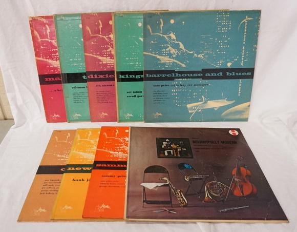 LOT OF 9 RECORDS ON JAZZTONE: LOT OF NINE RECORDS ON JAZZTONE LABEL, EIGHT ARE JAZZTONE SOCIETY CLASSIC SERIES ONE IS DELIGHTFULLY MODERN JAZZ. JAZZTONE SOCIETY CLASSICS; BARRELHOUSE & BLUES, KINGS OF THE KEYBOARD, DIXIELAND-FREE-