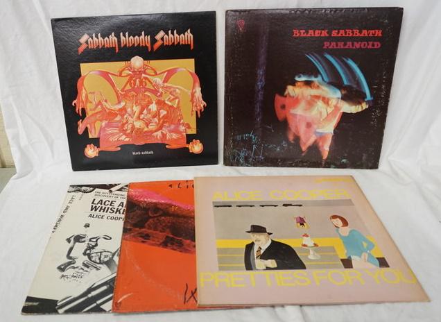 ALICE COOPER/ BLACK SABBATH, LOT OF 5 ALBUMS: LOT OF 5 ALICE COOPER & BLACK SABBATH ALBUMS; PARANOID (GATEFOLD) SABBATH BLOODY SABBATH, PRETTIES FOR YOU (GATEFOLD) KILLER & LACE AND WHISKEY