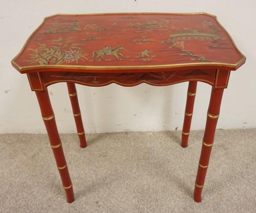 CHINOISERIE DECORATED SMALL TABLE: CHINOISERIE DECORATED SMALL TABLE, 22 IN X 14 IN X 24 IN HIGH