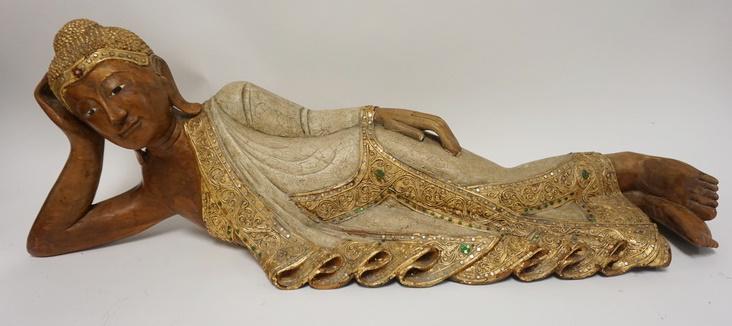 ASIAN CARVED WOODEN RECLINING FIGURE-PAINTED & JEWELED: ASIAN WOODEN RECLINING FIGURE-PAINTED & JEWELED, 35 IN LONG X 12 IN HIGH