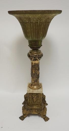 PAIRPOINT LAMP CO BRASS LAMP W/GLASS SHADE: PAIRPOINT LAMP CO BRASS LAMP W/GLASS SHADE, HAS CLAW FEET, FACES ON THE BASE & A RELIEF DRAGON ON THE STEM, 26 1/4 IN HIGH