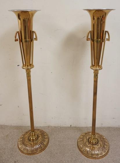 PAIR OF FLOOR STANDING TRUMPET VASES: PAIR OF FLOOR STANDING TRUMPET VASES W/METAL LINERS, 48 1/2 IN HIGH