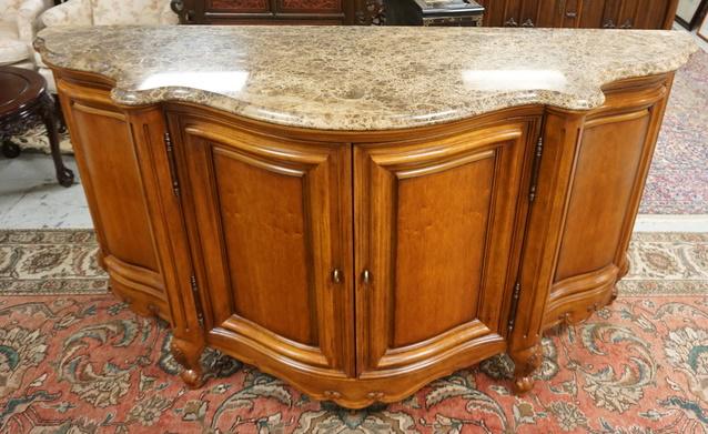 CENTURY BONNEVILLE CREDENZA W/MARBLE TOP: CENTURY BONNEVILLE CREDENZA W/MARBLE TOP, TOP IS BEVELED, HAS INTERIOR DRAWER & SHELVES BEHIND 4 DOORS, SCROLL FEET, 76 IN WIDE X 24 IN DEEP X 41 IN HIGH