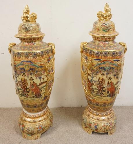 PAIR OF LARGE DECORATED ASIAN COVERED FLOOR URNS: PAIR OF LARGE DECORATED ASIAN COVERED FLOOR URNS, HAVE FIGURAL FINIALS & A SCENE OF WOMEN & A CHILD, HEAVY GOLD TRIM, 3 PIECE, 48 1/2 IN HIGH