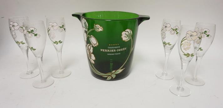 PERRIER JOUEY CHAMPAGNE BUCKET W/6 GLASSES: PERRIER JOUEY CHAMPAGNE BUCKET W/6 GLASSES, BUCKET IS 8 IN HIGH