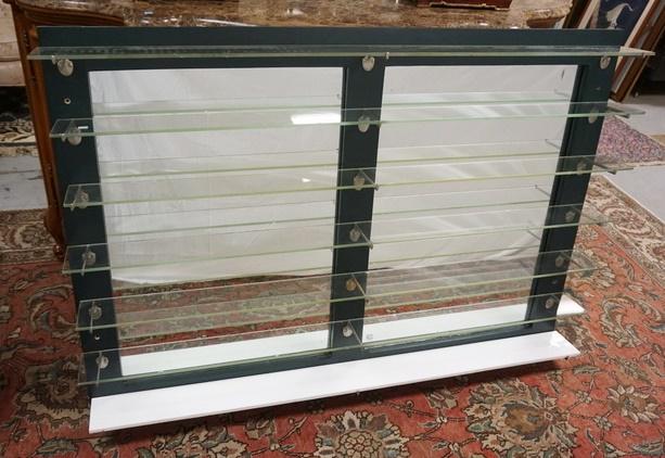 ANTIQUE HANGING SHAVING MUG SHELF FROM BARBER SHOP: BARBER SHOP MIRROR BACK SHELF WITH CLEAR AND MILK GLASS SHELVES AND NICKEL PLATED SHELF BRACKETS FOR SHAVING MUGS, 60 IN WIDE X 42 IN HIGH.
