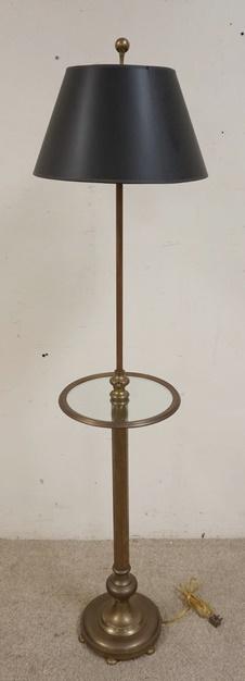 BRASS FLOOR LAMP W/TABLE CENTER: BRASS FLOOR LAMP W/TABLE CENTER, ADJUSTABLE, APPROXIMATELY 60 IN HIGH