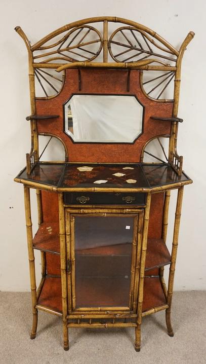 BAMBOO ETEGERE W/DECORATED SURFACES: BAMBOO ETEGERE W/BEVELED MIRROR TOP, VITRINE BASE, SIDE SHELVES & DECORATED SURFACES, 36 1/2 IN WIDE X 73 IN HIGH
