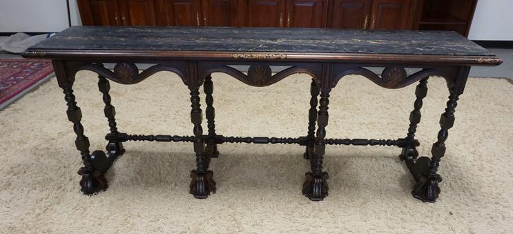 LONG CARVED CONSOLE TABLE W/BLACK MARBLE TOP: LONG CARVED CONSOLE TABLE W/BLACK MARBLE TOP, 85 IN X 18 IN X 32 1/2 IN HIGH