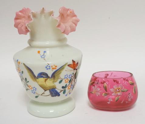 2 PIECES HAND PAINTED VICTORIAN ART GLASS: 2 PIECES HAND PAINTED VICTORIAN ART GLASS, TALLEST IS 8 IN, CRANBERRY PIECE HAS A NICK ON THE INNER TOP RIM