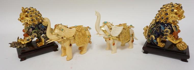 2 PAIR OF CONTEMPORARY ASIAN FIGURES: PAIR OF DECORATIVE FOO DOGS AND PAIR OF ELEPHANTS, TALLEST IS 5 1/4 IN.