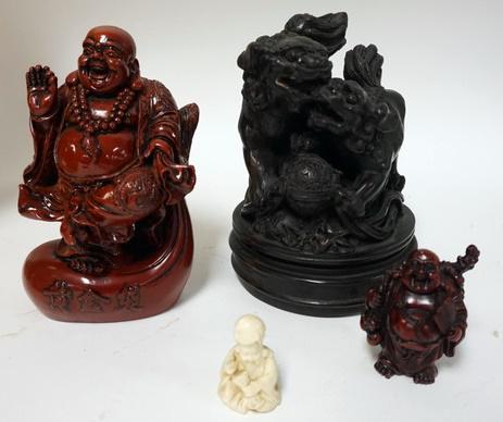 4 ASIAN FIGURES: FOO DOGS, 2 BUDDHA AND A BEARDED MAN, TALLEST IS 6 1/2 IN.