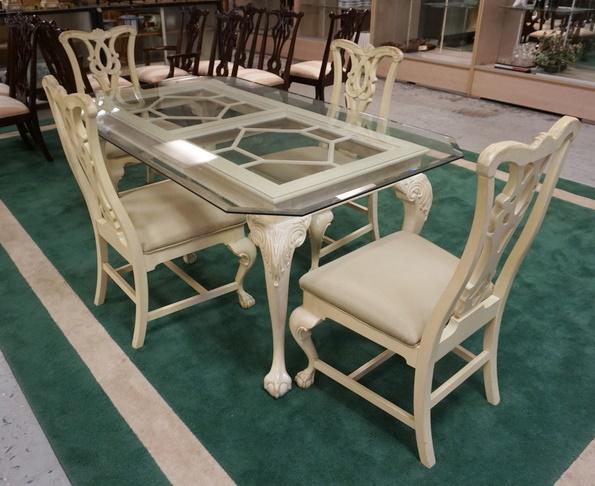 THOMASVILLE 5 PIECE TABLE & CHAIRS: THOMASVILLE 5 PIECE CHIPPENDALE STYLE GLASS TOP TABLE W/4 BALL & CLAW FOOT CHAIRS, TABLE TOP IS 72 IN LONG X 42 IN WIDE X 30 1/2 IN HIGH