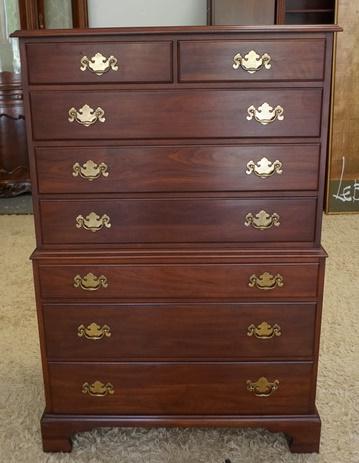 HENKEL HARRIS SOLID CHERRY 8 DRAWER HIGH CHEST: HENKEL HARRIS SOLID CHERRY 8 DRAWER HIGH CHEST, 36 1/2 IN WIDE X 56 IN HIGH X 20 1/2 IN DEEP