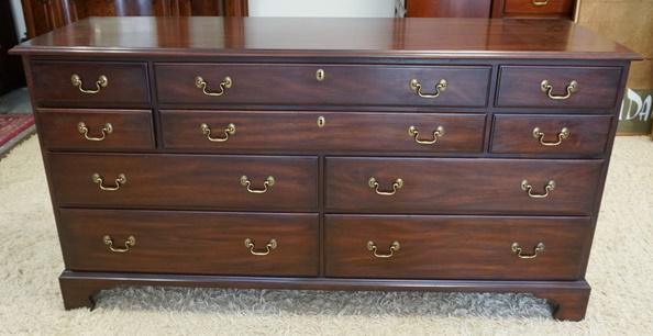 VIRGINIA GALLERIES HENKEL HARRIS MAHOGANY LOW CHEST: VIRGINIA GALLERIES HENKEL HARRIS MAHOGANY LOW CHEST, SOME WEAR TO TOP LEFT SURFACE, MEAUSRES 66 IN WIDE X 20 1/2 IN DEEP X 34 IN HIGH