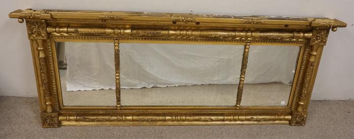 ANTIQUE GILT FEDERAL TRIPLE HANGING MIRROR: ANTIQUE GILT FEDERAL TRIPLE HANGING MIRROR, 63 1/4 IN WIDE X 25 1/2 IN HIGH.