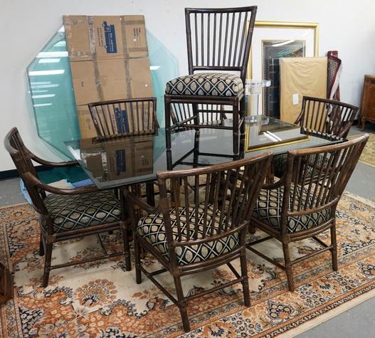 MCGUIRE 8 PIECE DINING SET: MCGUIRE DINING SET WITH GLASS TABLE AND 7 CHAIRS, TABLE IS 72 IN X 42 IN X 29 1/2 IN HIGH