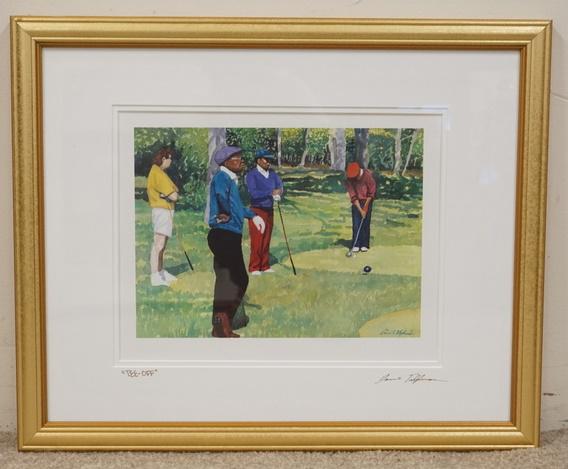 DAVE E TELFMAN GOLF PRINT *TEE OFF*: DAVE E TELFMAN GOLF PRINT *TEE OFF*, 22 IN X 18 IN INCLUDING FRAME, PENCIL SIGNED