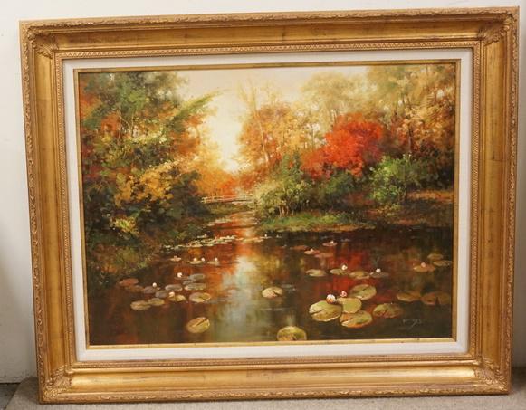 LARGE FRAMED AUTUMN LANDSCAPE: LARGE FRAMED AUTUMN LANDSCAPE, WATER LILLIES & A BRIDGE IN THE BACKGROUND, 50 1/2 IN X 41 1/2 IN INCLUDING FRAME, SIGNED LOWER RIGHT