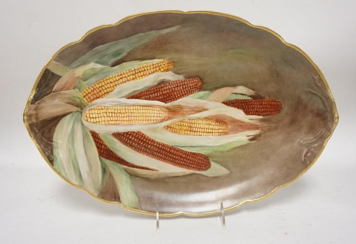 JP LIMOGES OVAL PLATTER W/HAND PAINTED CORN: JP LIMOGES OVAL PLATTER W/HAND PAINTED CORN, 17 IN X 11 1/4 IN